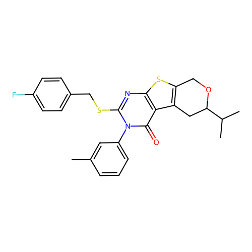 2-((4-fluorobenzyl)thio)-6-isopropyl-3-(m-tolyl)-5,6-dihydro-3H-pyrano[4',3':4,5]thieno[2,3-d]pyrimidin-4(8H)-one structure