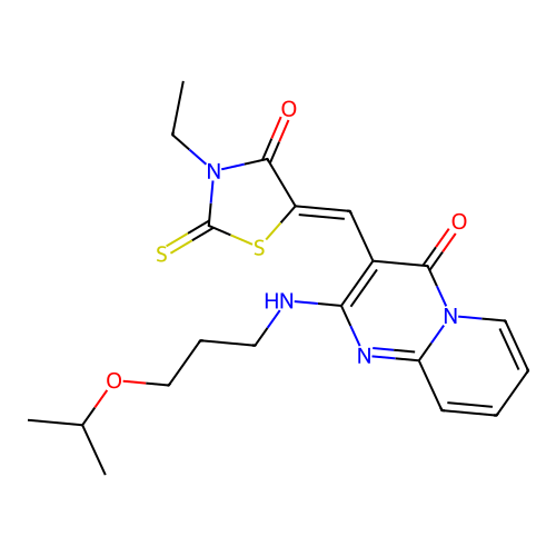3-[(Z)-(3-ethyl-4-oxo-2-thioxo-1,3-thiazolidin-5-ylidene)methyl]-2-{[3-(propan-2-yloxy)propyl]amino}-4H-pyrido[1,2-a]pyrimidin-4-one structure