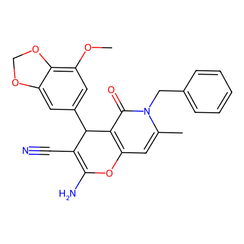 2-amino-6-benzyl-4-(7-methoxybenzo[d][1,3]dioxol-5-yl)-7-methyl-5-oxo-5,6-dihydro-4H-pyrano[3,2-c]pyridine-3-carbonitrile structure