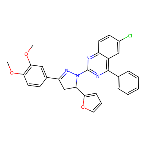 6-chloro-2-(3-(3,4-dimethoxyphenyl)-5-(furan-2-yl)-4,5-dihydro-1H-pyrazol-1-yl)-4-phenylquinazoline structure