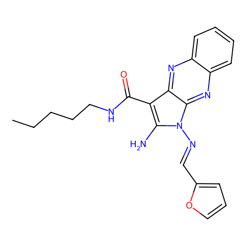 (E)-2-amino-1-((furan-2-ylmethylene)amino)-N-pentyl-1H-pyrrolo[2,3-b]quinoxaline-3-carboxamide structure