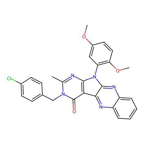 3-(4-chlorobenzyl)-11-(2,5-dimethoxyphenyl)-2-methyl-3H-pyrimido[5',4':4,5]pyrrolo[2,3-b]quinoxalin-4(11H)-one structure