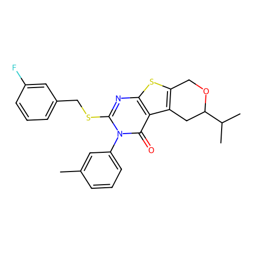 2-((3-fluorobenzyl)thio)-6-isopropyl-3-(m-tolyl)-5,6-dihydro-3H-pyrano[4',3':4,5]thieno[2,3-d]pyrimidin-4(8H)-one structure