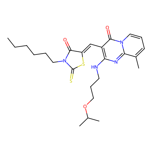 3-[(Z)-(3-hexyl-4-oxo-2-thioxo-1,3-thiazolidin-5-ylidene)methyl]-9-methyl-2-{[3-(propan-2-yloxy)propyl]amino}-4H-pyrido[1,2-a]pyrimidin-4-one structure