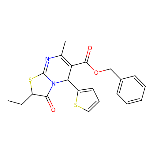 benzyl 2-ethyl-7-methyl-3-oxo-5-(2-thienyl)-2,3-dihydro-5H-[1,3]thiazolo[3,2-a]pyrimidine-6-carboxylate structure