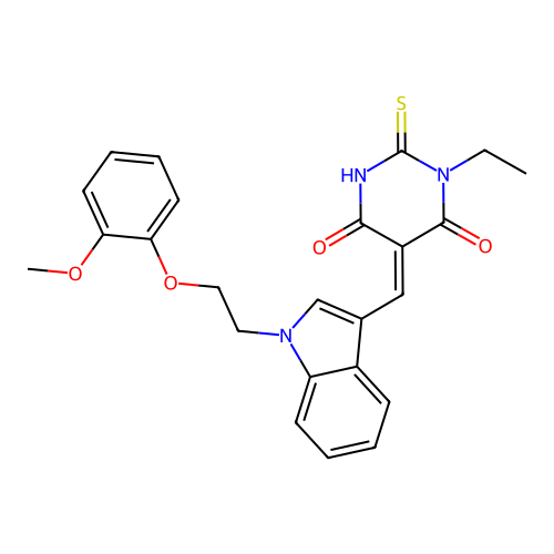 (5E)-1-ethyl-5-({1-[2-(2-methoxyphenoxy)ethyl]-1H-indol-3-yl}methylidene)-2-sulfanylpyrimidine-4,6(1H,5H)-dione structure