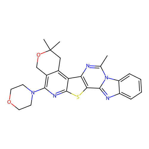 5,5,8-trimethyl-2-(morpholin-4-yl)-5,6-dihydro-3H-pyrano[4''',3''':4'',5'']pyrido[3'',2'':4',5']thieno[3',2':4,5]pyrimido[1,6-a]benzimidazole structure