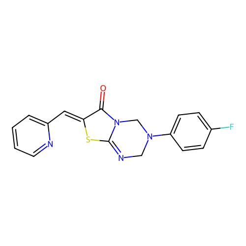 (7Z)-3-(4-fluorophenyl)-7-(pyridin-2-ylmethylidene)-2,4-dihydro-[1,3]thiazolo[3,2-a][1,3,5]triazin-6-one structure