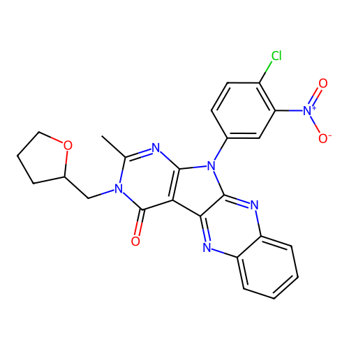 11-(4-chloro-3-nitrophenyl)-2-methyl-3-((tetrahydrofuran-2-yl)methyl)-3H-pyrimido[5',4':4,5]pyrrolo[2,3-b]quinoxalin-4(11H)-one structure