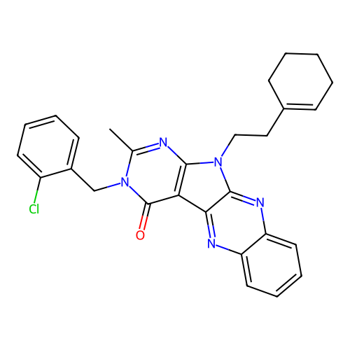 3-(2-chlorobenzyl)-11-(2-(cyclohex-1-en-1-yl)ethyl)-2-methyl-3H-pyrimido[5',4':4,5]pyrrolo[2,3-b]quinoxalin-4(11H)-one structure