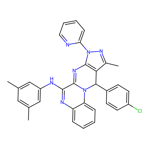 11-(4-chlorophenyl)-N-(3,5-dimethylphenyl)-10-methyl-8-(pyridin-2-yl)-8,11-dihydropyrazolo[3',4':4,5]pyrimido[1,2-a]quinoxalin-6-amine structure
