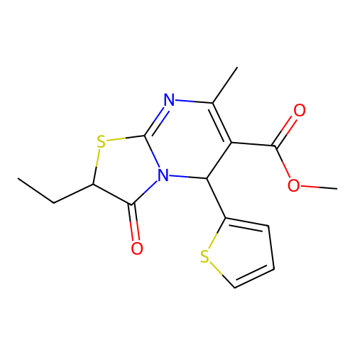 methyl 2-ethyl-7-methyl-3-oxo-5-thiophen-2-yl-5H-[1,3]thiazolo[3,2-a]pyrimidine-6-carboxylate structure