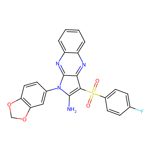 1-(1,3-benzodioxol-5-yl)-3-(4-fluorophenyl)sulfonylpyrrolo[3,2-b]quinoxalin-2-amine structure