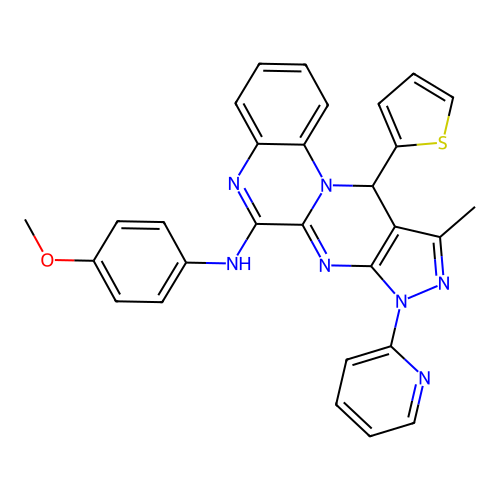 N-(4-methoxyphenyl)-10-methyl-8-(pyridin-2-yl)-11-(thiophen-2-yl)-8,11-dihydropyrazolo[3',4':4,5]pyrimido[1,2-a]quinoxalin-6-amine structure