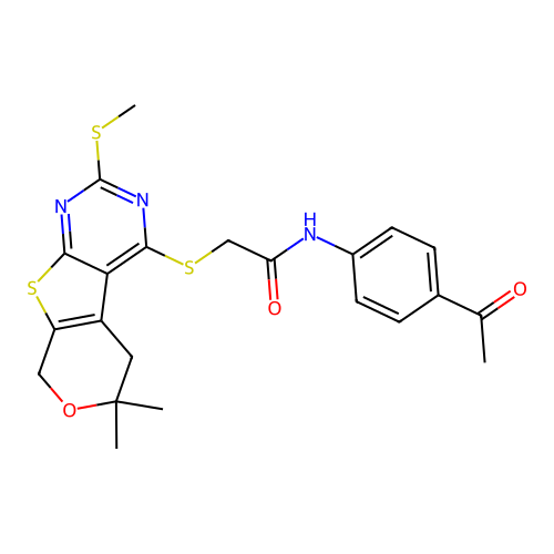 N-(4-acetylphenyl)-2-{[6,6-dimethyl-2-(methylsulfanyl)-5,8-dihydro-6H-pyrano[4',3':4,5]thieno[2,3-d]pyrimidin-4-yl]sulfanyl}acetamide structure