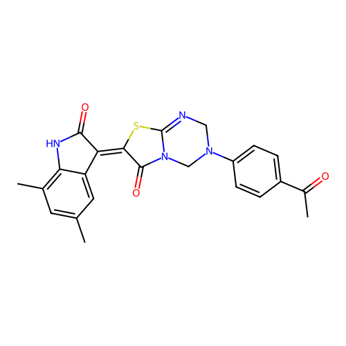 (7Z)-3-(4-acetylphenyl)-7-(5,7-dimethyl-2-oxo-1,2-dihydro-3H-indol-3-ylidene)-3,4-dihydro-2H-[1,3]thiazolo[3,2-a][1,3,5]triazin-6(7H)-one structure