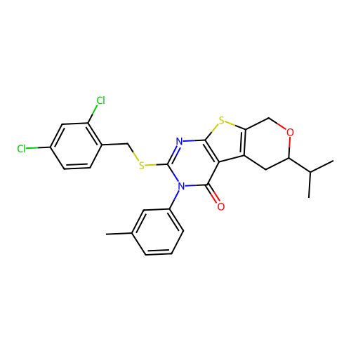 2-((2,4-dichlorobenzyl)thio)-6-isopropyl-3-(m-tolyl)-5,6-dihydro-3H-pyrano[4',3':4,5]thieno[2,3-d]pyrimidin-4(8H)-one structure