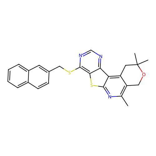2,2,5-trimethyl-8-((naphthalen-2-ylmethyl)thio)-2,4-dihydro-1H-pyrano[4'',3'':4',5']pyrido[3',2':4,5]thieno[3,2-d]pyrimidine structure