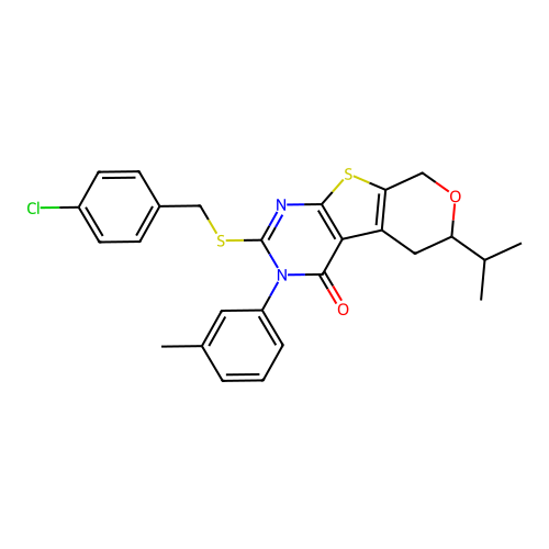 2-((4-chlorobenzyl)thio)-6-isopropyl-3-(m-tolyl)-5,6-dihydro-3H-pyrano[4',3':4,5]thieno[2,3-d]pyrimidin-4(8H)-one structure