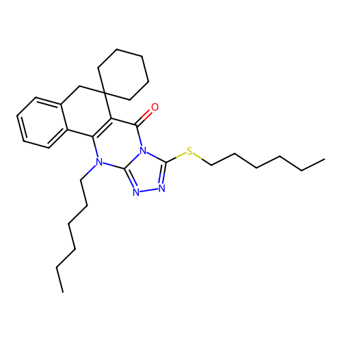 12-hexyl-9-(hexylthio)-5H-spiro[benzo[h][1,2,4]triazolo[3,4-b]quinazoline-6,1'-cyclohexan]-7(12H)-one structure