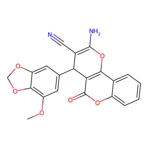 2-amino-4-(7-methoxybenzo[d][1,3]dioxol-5-yl)-5-oxo-4,5-dihydropyrano[3,2-c]chromene-3-carbonitrile structure