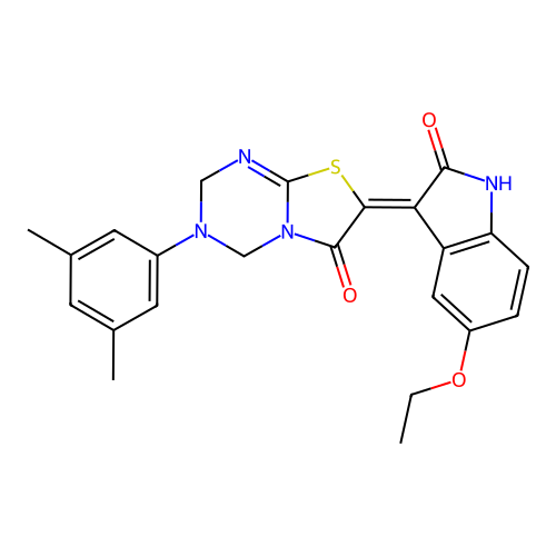 (7Z)-3-(3,5-dimethylphenyl)-7-(5-ethoxy-2-oxo-1,2-dihydro-3H-indol-3-ylidene)-3,4-dihydro-2H-[1,3]thiazolo[3,2-a][1,3,5]triazin-6(7H)-one structure