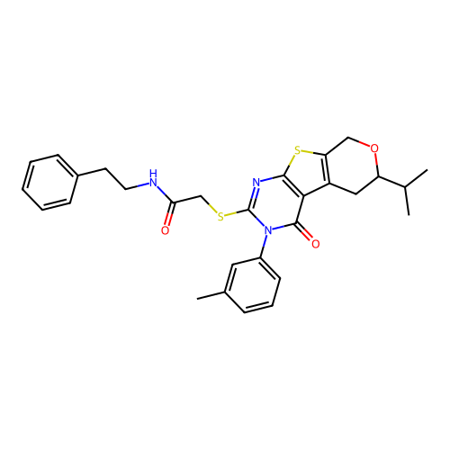 2-((6-isopropyl-4-oxo-3-(m-tolyl)-4,5,6,8-tetrahydro-3H-pyrano[4',3':4,5]thieno[2,3-d]pyrimidin-2-yl)thio)-N-phenethylacetamide structure