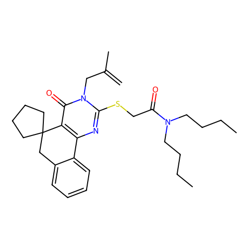 N,N-dibutyl-2-((3-(2-methylallyl)-4-oxo-4,6-dihydro-3H-spiro[benzo[h]quinazoline-5,1'-cyclopentan]-2-yl)thio)acetamide structure