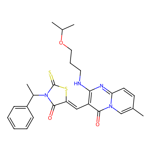 7-methyl-3-{(Z)-[4-oxo-3-(1-phenylethyl)-2-thioxo-1,3-thiazolidin-5-ylidene]methyl}-2-{[3-(propan-2-yloxy)propyl]amino}-4H-pyrido[1,2-a]pyrimidin-4-one structure