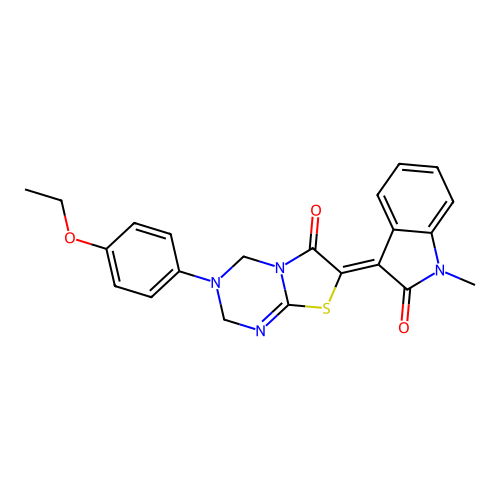 (7Z)-3-(4-ethoxyphenyl)-7-(1-methyl-2-oxo-1,2-dihydro-3H-indol-3-ylidene)-3,4-dihydro-2H-[1,3]thiazolo[3,2-a][1,3,5]triazin-6(7H)-one structure