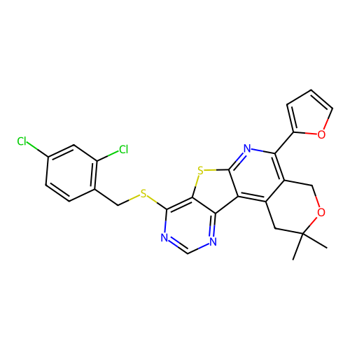 8-((2,4-dichlorobenzyl)thio)-5-(furan-2-yl)-2,2-dimethyl-2,4-dihydro-1H-pyrano[4'',3'':4',5']pyrido[3',2':4,5]thieno[3,2-d]pyrimidine structure