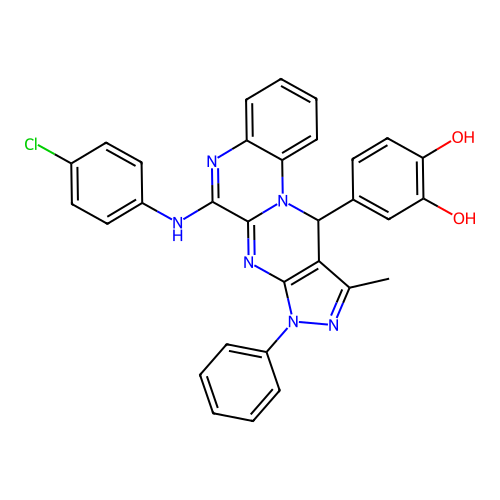 4-(6-((4-chlorophenyl)amino)-10-methyl-8-phenyl-8,11-dihydropyrazolo[3',4':4,5]pyrimido[1,2-a]quinoxalin-11-yl)benzene-1,2-diol structure