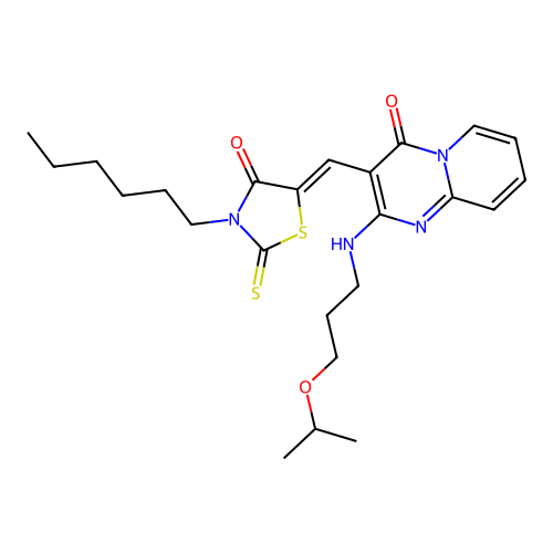 (5Z)-3-hexyl-5-[[4-oxo-2-(3-propan-2-yloxypropylamino)pyrido[1,2-a]pyrimidin-3-yl]methylidene]-2-sulfanylidene-1,3-thiazolidin-4-one structure