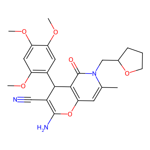 2-amino-7-methyl-5-oxo-6-((tetrahydrofuran-2-yl)methyl)-4-(2,4,5-trimethoxyphenyl)-5,6-dihydro-4H-pyrano[3,2-c]pyridine-3-carbonitrile structure