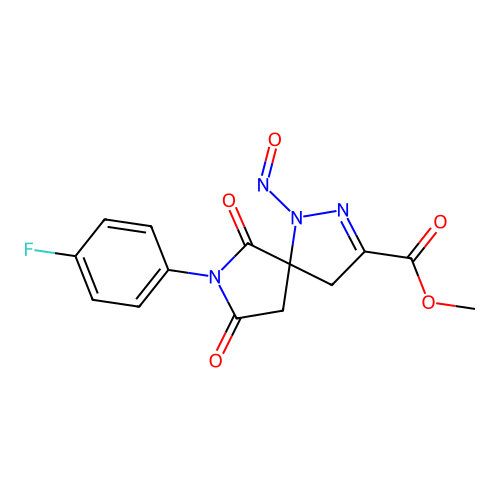 methyl 7-(4-fluorophenyl)-1-nitroso-6,8-dioxo-1,2,7-triazaspiro[4.4]non-2-ene-3-carboxylate structure