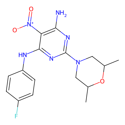 2-(2,6-dimethylmorpholin-4-yl)-N-(4-fluorophenyl)-5-nitropyrimidine-4,6-diamine structure