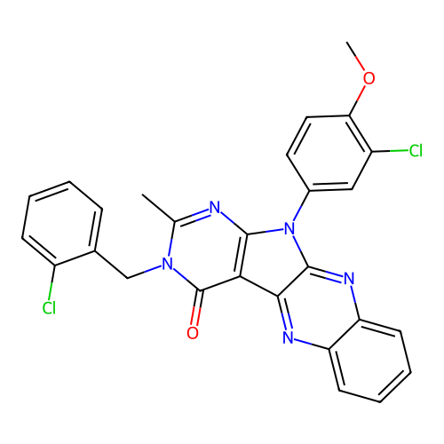 11-(3-chloro-4-methoxyphenyl)-3-(2-chlorobenzyl)-2-methyl-3H-pyrimido[5',4':4,5]pyrrolo[2,3-b]quinoxalin-4(11H)-one structure