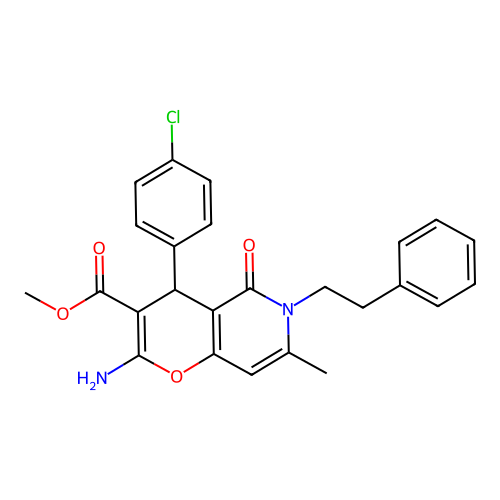 methyl 2-amino-4-(4-chlorophenyl)-7-methyl-5-oxo-6-phenethyl-5,6-dihydro-4H-pyrano[3,2-c]pyridine-3-carboxylate structure