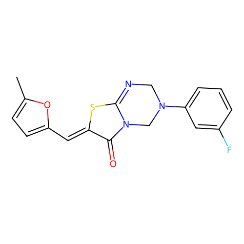 (Z)-3-(3-fluorophenyl)-7-((5-methylfuran-2-yl)methylene)-3,4-dihydro-2H-thiazolo[3,2-a][1,3,5]triazin-6(7H)-one structure