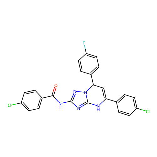 4-chloro-N-(5-(4-chlorophenyl)-7-(4-fluorophenyl)-4,7-dihydro-[1,2,4]triazolo[1,5-a]pyrimidin-2-yl)benzamide structure