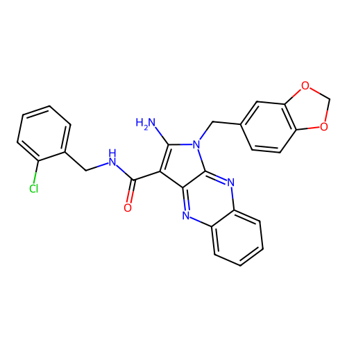 2-amino-1-(1,3-benzodioxol-5-ylmethyl)-N-(2-chlorobenzyl)-1H-pyrrolo[2,3-b]quinoxaline-3-carboxamide structure