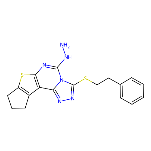 5-hydrazinyl-3-(phenethylthio)-9,10-dihydro-8H-cyclopenta[4,5]thieno[3,2-e][1,2,4]triazolo[4,3-c]pyrimidine structure