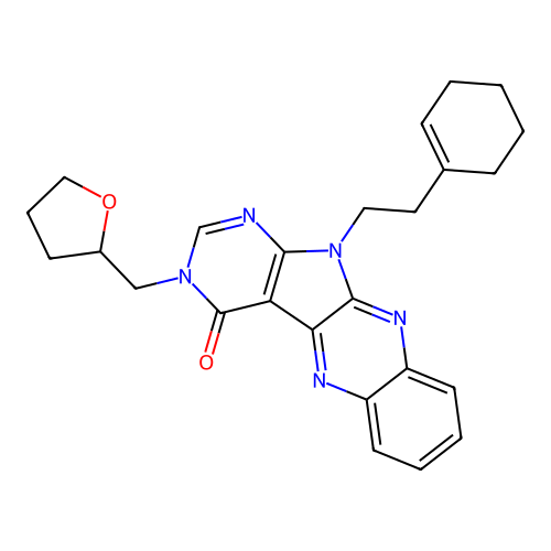 11-(2-(cyclohex-1-en-1-yl)ethyl)-3-((tetrahydrofuran-2-yl)methyl)-3H-pyrimido[5',4':4,5]pyrrolo[2,3-b]quinoxalin-4(11H)-one structure