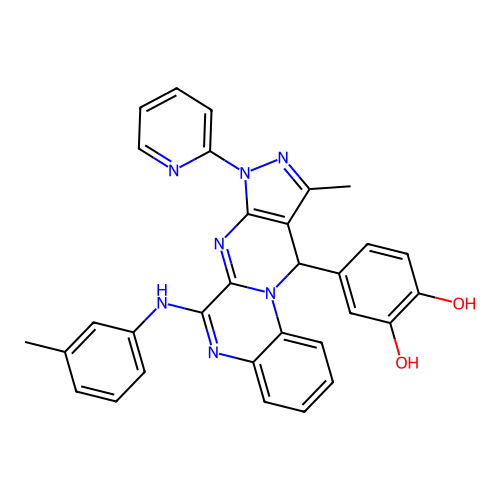 4-(10-methyl-8-(pyridin-2-yl)-6-(m-tolylamino)-8,11-dihydropyrazolo[3',4':4,5]pyrimido[1,2-a]quinoxalin-11-yl)benzene-1,2-diol structure
