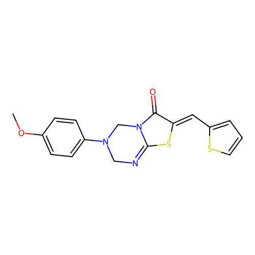 (7Z)-3-(4-methoxyphenyl)-7-(thiophen-2-ylmethylidene)-2,4-dihydro-[1,3]thiazolo[3,2-a][1,3,5]triazin-6-one structure