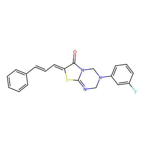(7Z)-3-(3-fluorophenyl)-7-[(2E)-3-phenylprop-2-en-1-ylidene]-3,4-dihydro-2H-[1,3]thiazolo[3,2-a][1,3,5]triazin-6(7H)-one structure