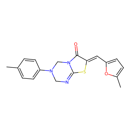 (7Z)-7-[(5-methylfuran-2-yl)methylidene]-3-(4-methylphenyl)-2,4-dihydro-[1,3]thiazolo[3,2-a][1,3,5]triazin-6-one structure