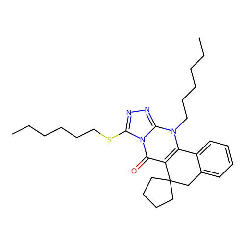 12-hexyl-9-(hexylthio)-5H-spiro[benzo[h][1,2,4]triazolo[3,4-b]quinazoline-6,1'-cyclopentan]-7(12H)-one structure