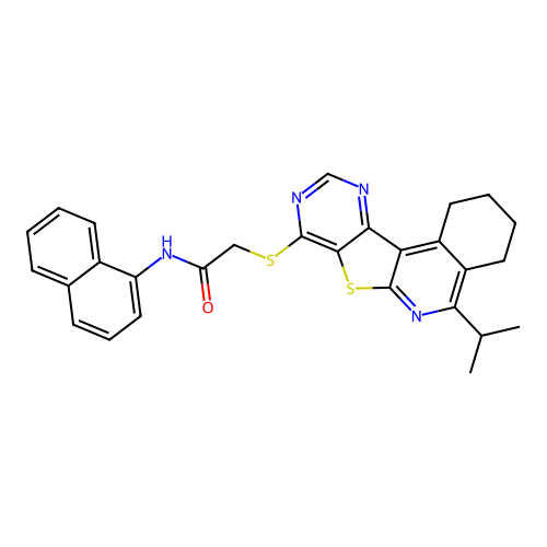 2-((5-isopropyl-1,2,3,4-tetrahydropyrimido[4',5':4,5]thieno[2,3-c]isoquinolin-8-yl)thio)-N-(naphthalen-1-yl)acetamide structure
