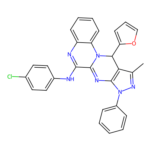 N-(4-chlorophenyl)-11-(furan-2-yl)-10-methyl-8-phenyl-8,11-dihydropyrazolo[3',4':4,5]pyrimido[1,2-a]quinoxalin-6-amine structure